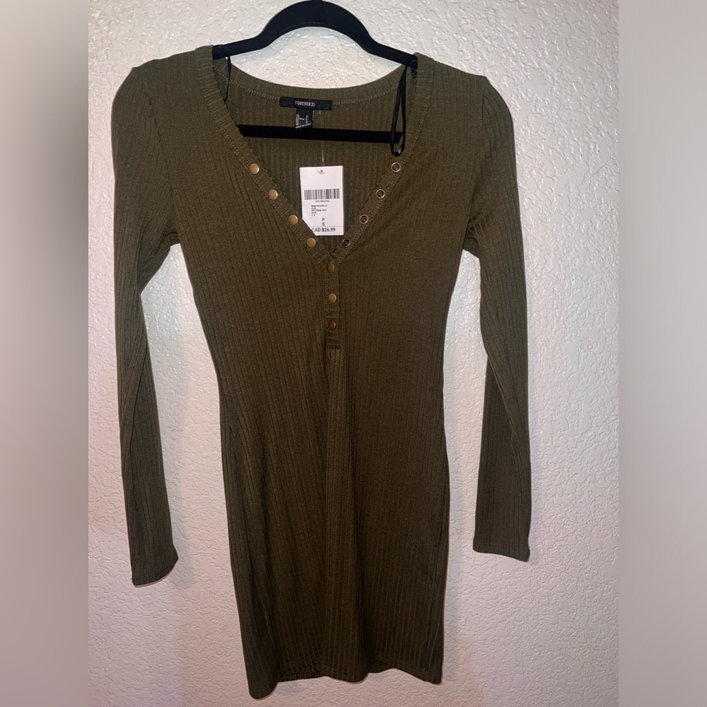 NWT Forever 21 Olive Ribbed Long Sleeve Bodycon Mini Dress